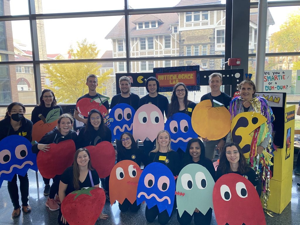 picture of lab wearing Pacman costumes